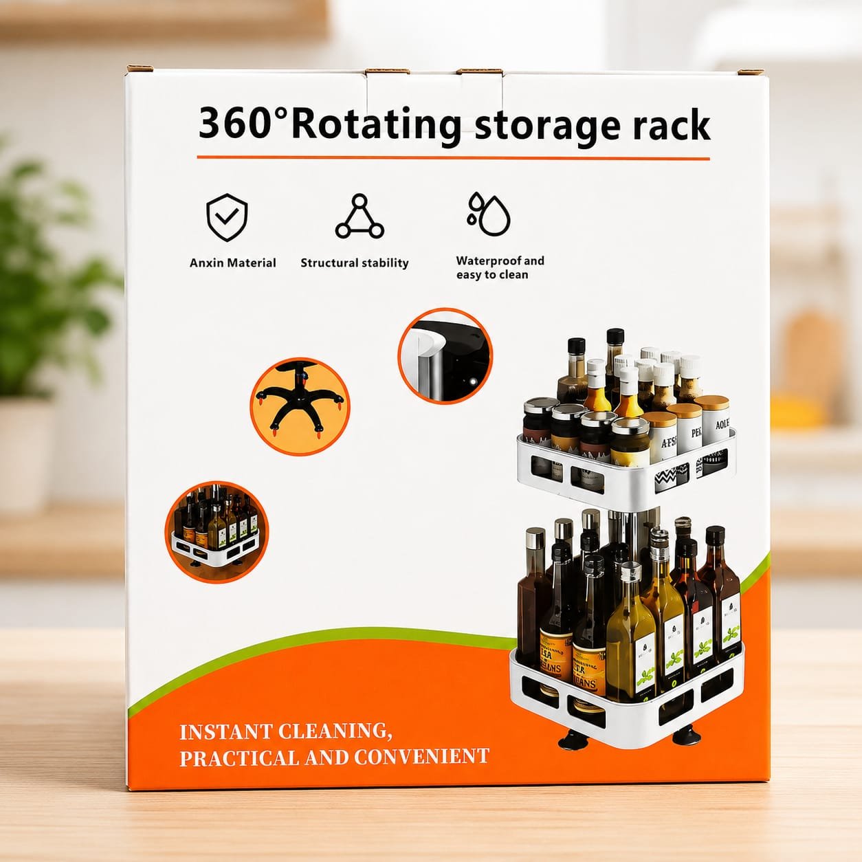 360° Rotating Kitchen Storage Rack | 2-Tier Organizer | For Spices, Oil Bottles, Sauces, Cosmetics | Waterproof & Easy to Clean
